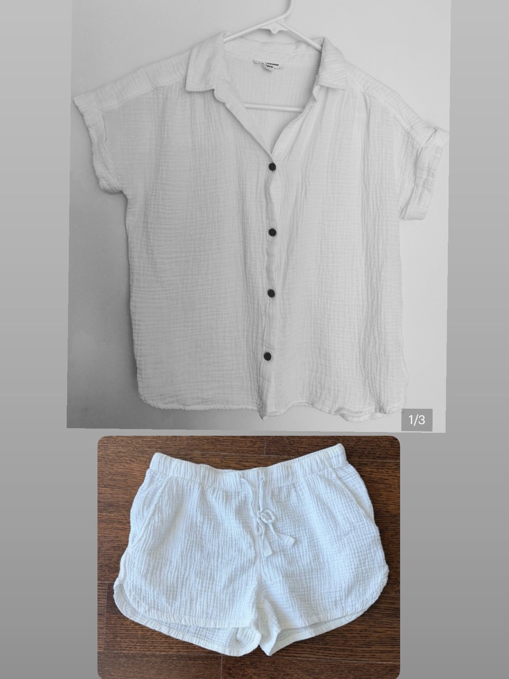 SET : White Short Sleeve Button-Front Cotton Shirt + shorts